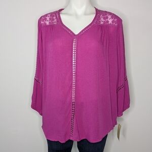 ✨3/$15 NWT John Paul Richard pink lace sheer long sleeve blouse S